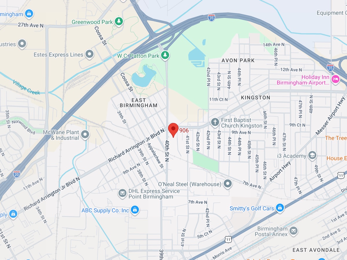 Map showing Conjure at 906 40th St N in Birmingham, just south of I-20